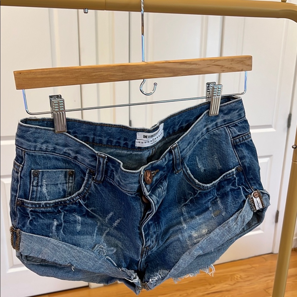 One Teaspoon Blue Distressed Cuffed Denim Shorts